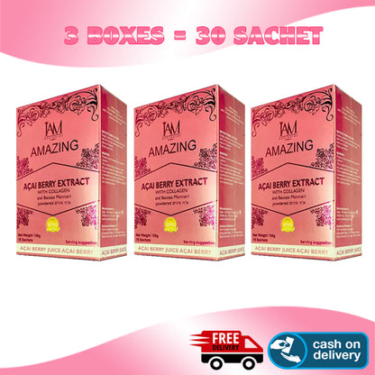 Acai Berry Juice with Collagen and Bacopa Monniere | 3 Boxes | 30 Sachets