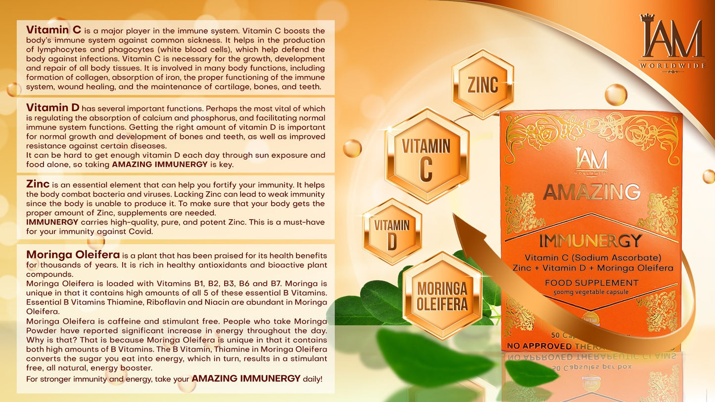 Immunergy | Vitamin C With Zinc Vitamin D and Moringa Oleifera | Food Supplement