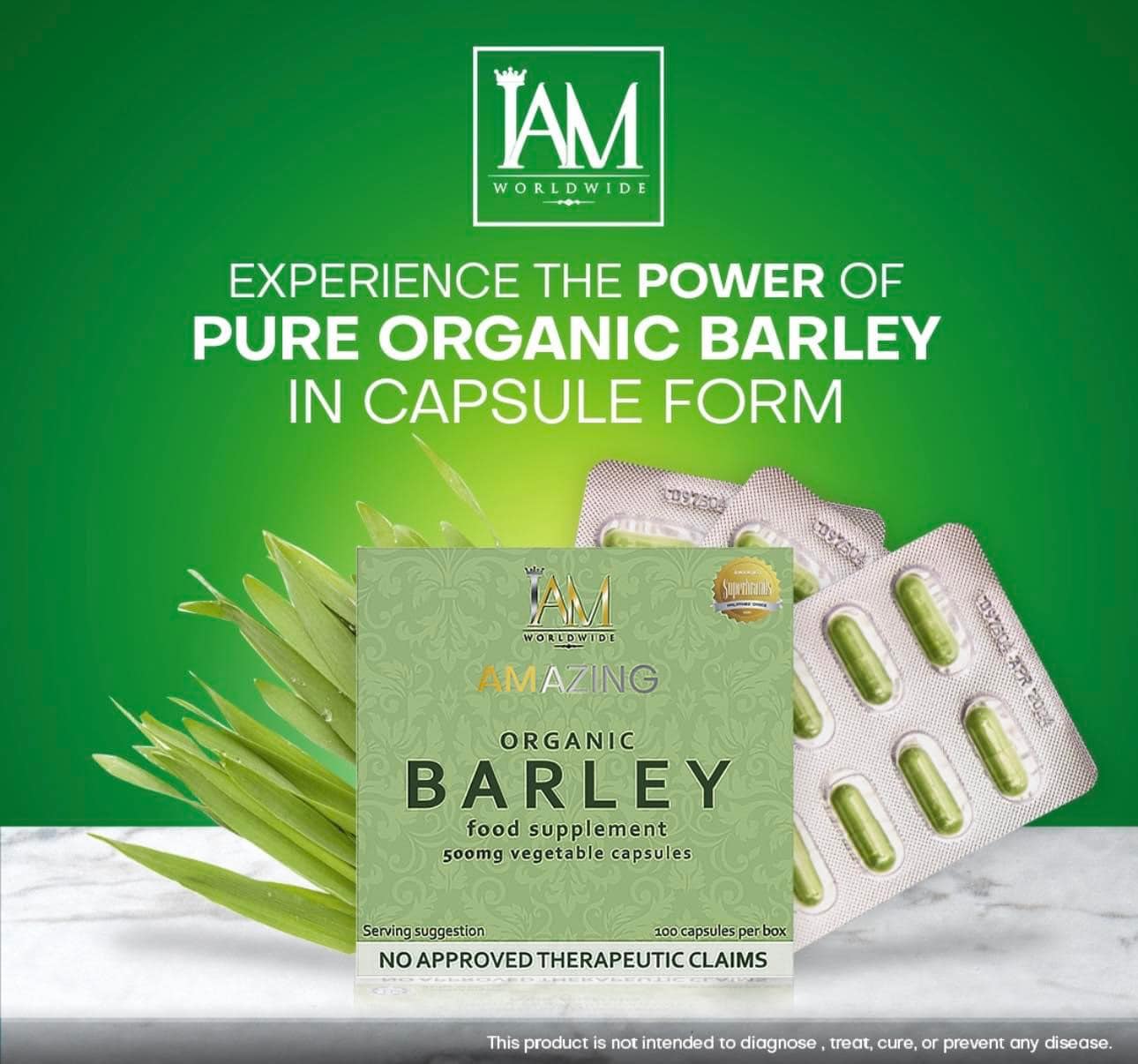 Amazing Organic Barley Capsule | 1 Box | 100 Capsules